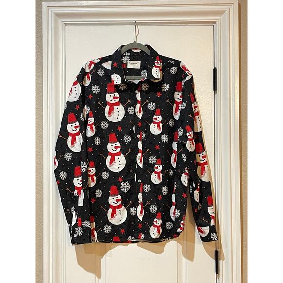 TUNEVUSE Mens Christmas Snowman Print Long Sleeve Button Down Large - Picture 2 of 5